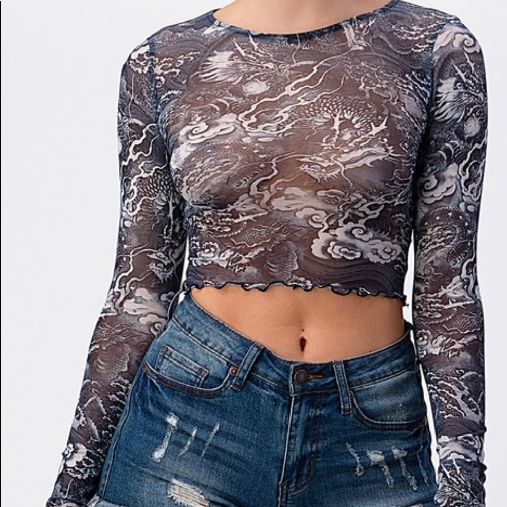 Long sleeve dragon mesh crop top